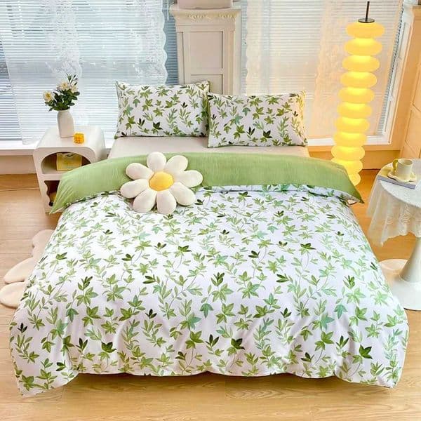 Nordic Green Floral Print Duvet Cover Set with Pillow Cases - Queen/King Size Comforter Bedding Set Including Quilt Cover - 2 orXJ250220