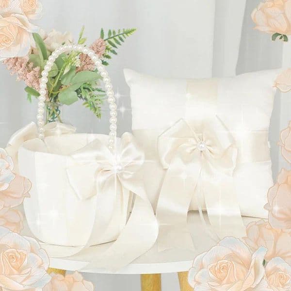 Party Decoration Wedding Ivory Flower Baskets Ribbon Pearls Bow Knot Ring Pillow Cushion Bearer Bridal Supplies Gifts Home Decorations