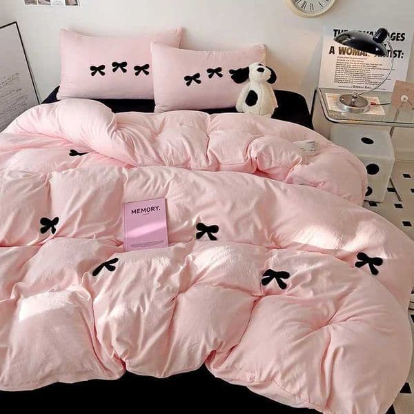 Black Bow Embroidery Duvet Cover 3 Pieces Set Girl Adult Bedroom Pink Decor Quilt Cover Solid Color Bedding with 2 PillowcasesXJ250220