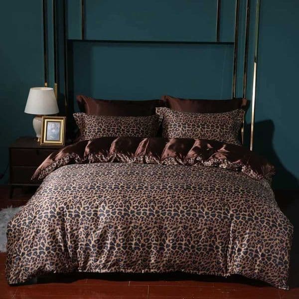 Leopard Printing Bedding Set Brown Rayon Satin Duvet Cover Sets Flat/Fitted Sheet Pillowcase Solid Color BedclothesXJ250220