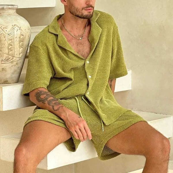 Summer Solid Breathable Knitted Set Men Casual Button Lapel Shirt Top and Drawstring Shorts Suit Spring Loose Mens Home Outfits W250221