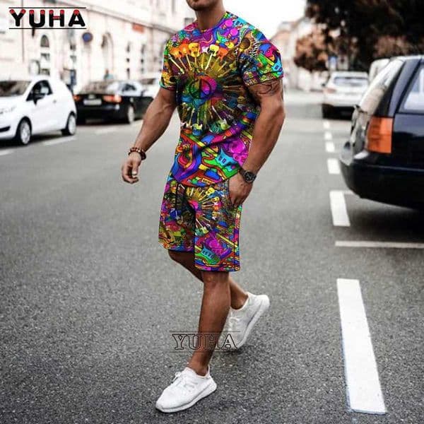 YUHA mens retro streetwear 3D printed T-shirt mens high-quality summer T-shirt two-piece track suit oversized Cl W250221