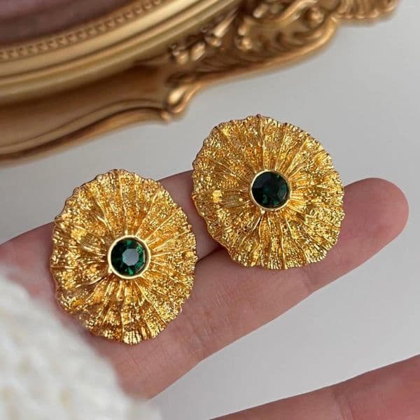 Stud Earrings Vintage French Fashion Lava Big Ear Studs Silver Needle Luxury Famouse Brand For Women Green Crystal Flower Jewelry