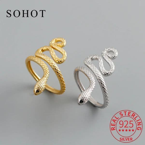 Real 925 Sterling Silver Snake Adjustable Rings for Women Party Punk Trendy Fine Jewelry Minimalist Personality Accessories 250221BJ