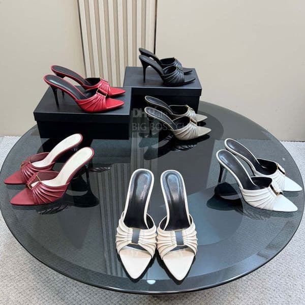 High quality letter button stiletto heel sandal mules High-heels slipperopen Pointed toes Real leather Luxury designer heels Office Evening shoes Burgundy black
