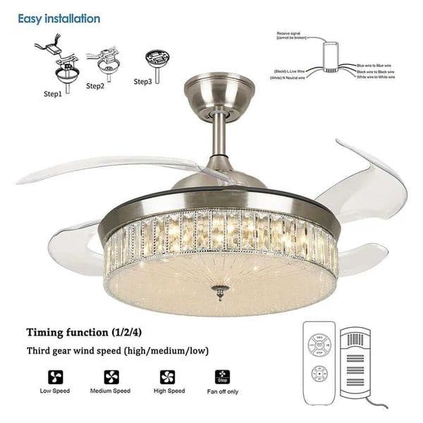 Modern Ceiling Fan with Light LED 42 Retractable Fan Lamp Room Decor Chandelier Living Room Remote Lighting Fixture Z250220