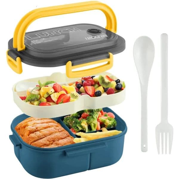Portable Sealed Lunch Box 2 Layer Mesh Kids Leak Proof Bento Snack Box with Cutlery Microwave Safe Food Storage Container 250222