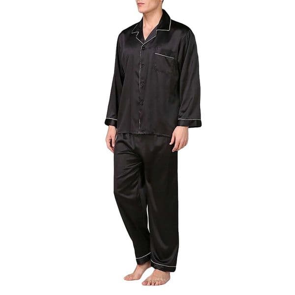 Mens Silk Satin Pajamas 2-Piece Set Mens Lapel Long-Sleeved Top + Spring And Autumn Pants Classic Luxury Adult Home Service SuitXJ250222