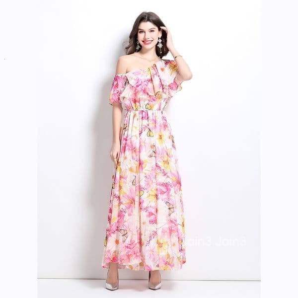 summer new womens clothing temperament vacation chiffon ruffle edge slanted shoulder print large swing long skirt dress