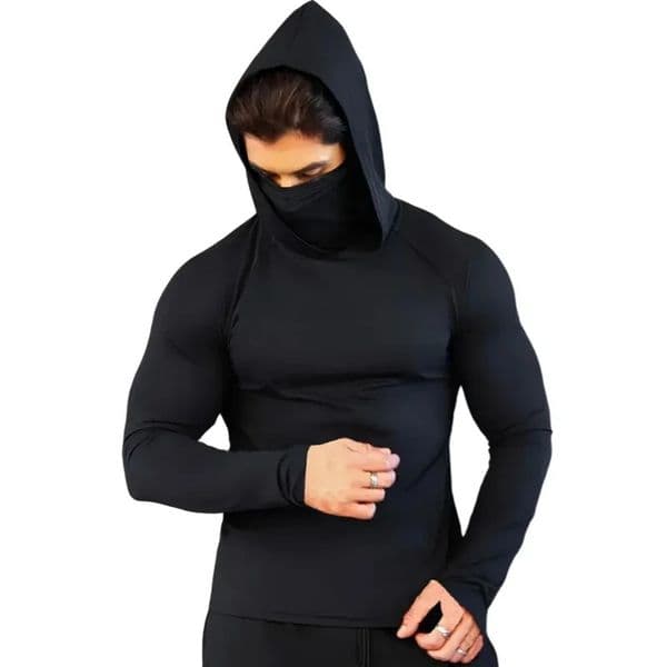 Men Fitness Gym Shirts Compression Sport t Shirt Hooded Running tShirts With Mask Long Sleeve Bodybuilding Tops Man Sportswear 250221