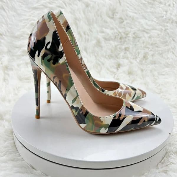 ZUQINGYISHENG Women Camouflage Patent Pointy Toe High Heel Shoes Unique Ladies Fashion Dress Stiletto Pumps 250221