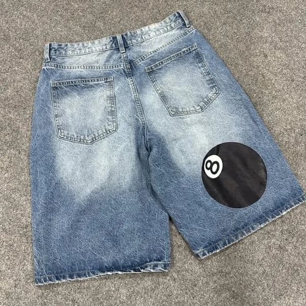 Y2K Street Harajuku No 8 Table Tennis Print loose denim shorts Gothic casual light blue men and women highwaisted pants 250121