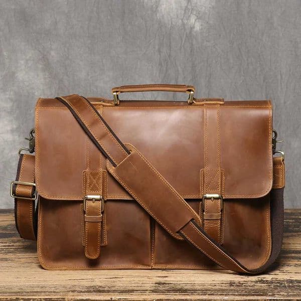 Briefcase Crazy Horse Leather Mens Cowhide Shoulder Crossbody Bag Large Capacity Genuine Leather Laptop Bag Z250220