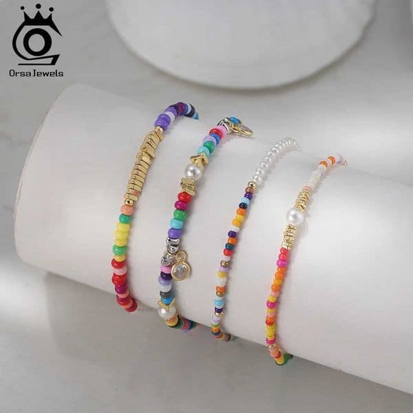 ORSA JEWELS 4pcs Multi-Color Bracelets Small Beads Bracelet with Natural Shell 925 Sterling Silver Bracelet Jewelry for Girl W250221
