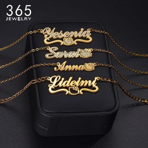 365 Multiple Personalized Name Necklace Cute Cat Shaped Custom Rhinestones Nameplate For Women Girls Jewelry Birthday Gifts 250213