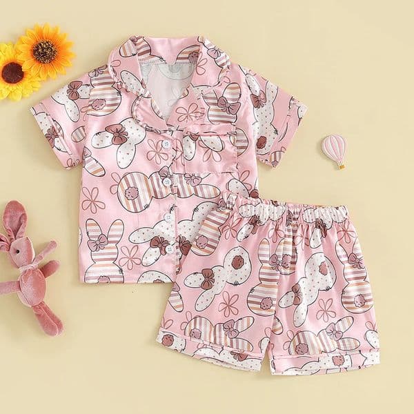 Adorable Toddler Easter Pajamas Set with Bunny Print Short Sleeve Top and Elastic Waist Shorts for Summer Sleepwear 250221