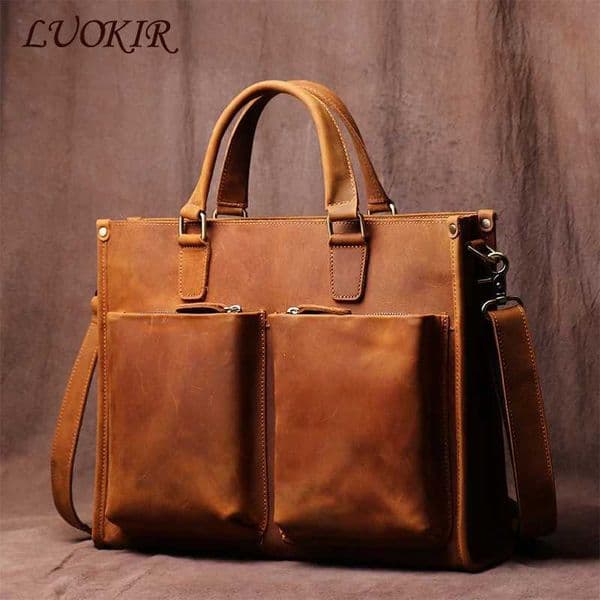 LUOKIR Mens Genuine Leather Handbag Briefcase Vintage Shoulder Crossbody Bag Crazy Horse Leather Business 14 Inch Laptop Bags Z250220