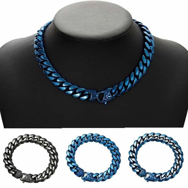 14mm Wide Stainless Steel Plated Blue Black Cuban Chain Crypto Chain Cast Floral Buckle Bracelet for Mens Accessories W250221