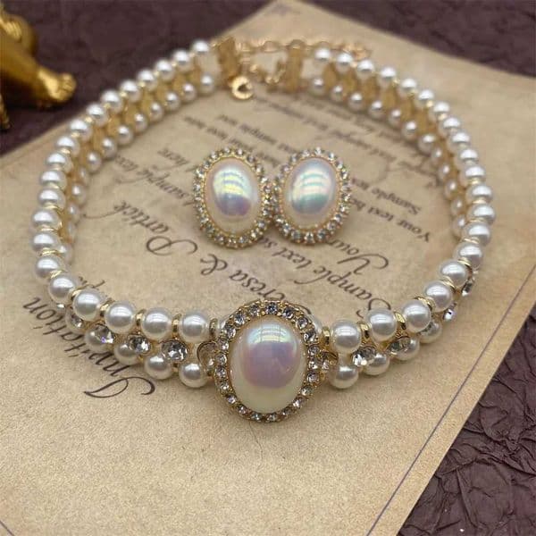 Womens Elegant Pearl Double Layers Necklace Earrings Exquisite Vintage Classic Chains For Lady Party Wedding Retro Jewelry ChokerXJ250222