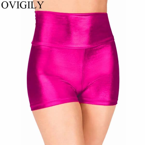 OVIGILY Women Fuchsia Metallic Dance Shorts Shiny Workout Shorts for Girls Gymnastics Red High Waisted Shorts Skinny Underpants 250214