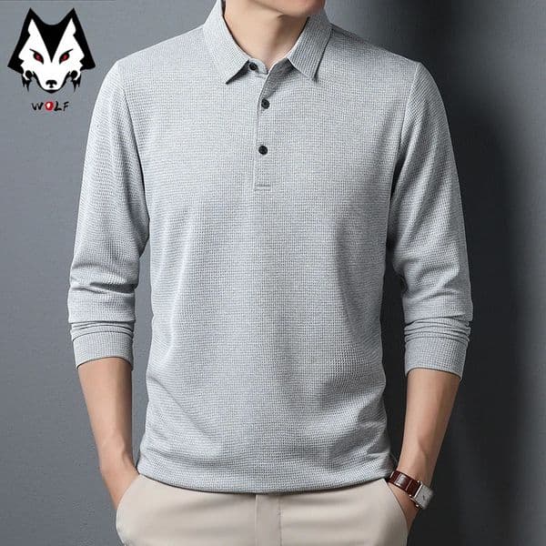 Mens Business Casual Polo Long Sleeve T-shirt for Summer Comfort Solid Top 250220