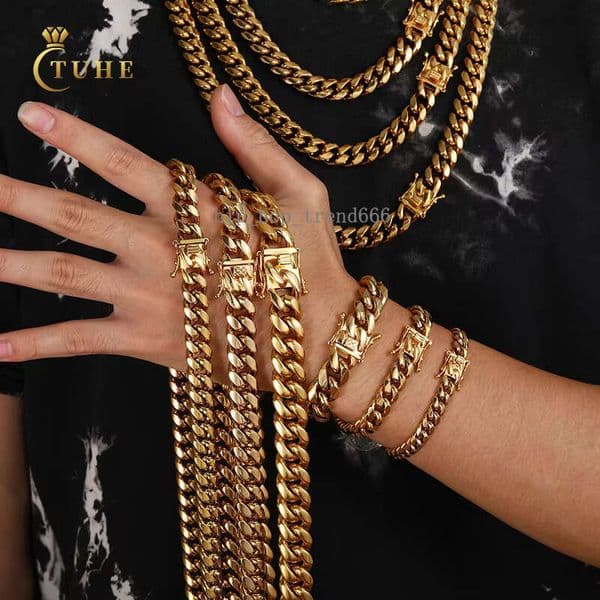 Fashion Jewelry Hip Hop Men 14K Gold Filled Plated Stainless Steel Miami Cuban k Chain Necklace