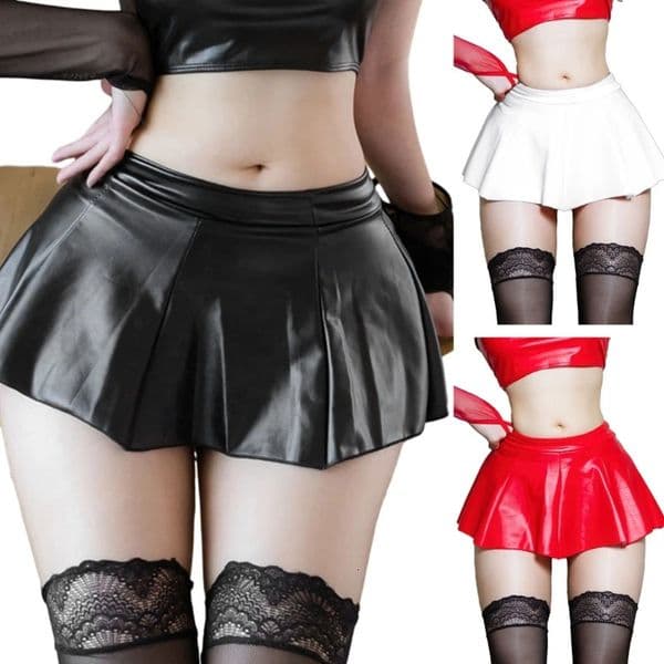 Womens Solid Color Novelty Pleated Mini Skirt 20cm PU Faux Leather ALine Skirts Dropship 250222