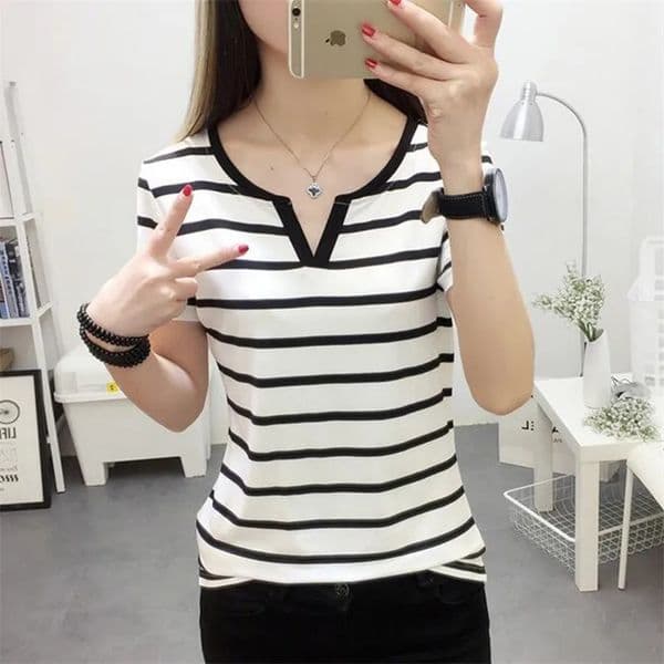 MRMT Stripes Womens T-Shirt V Collar T Shirts Skinny Half Sleeve Clothes Women Slim Under Wear Tshirt Casual Top Tees For Female 250217
