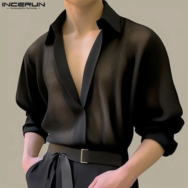 Fashion Well Fitting Tops INCERUN Handsome Mens Hollowed Perspective Thin Shirt Casual Lapel Long Sleeved Shirts S-5XL 250219BJ