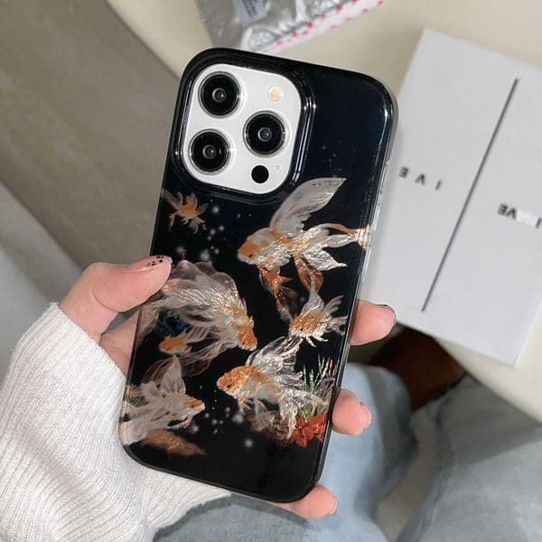 High quality Lucky Koi Goldfish Beautiful Sparkling Black Gloss Glacier Texture Cover iPhone 12 13 14 15 16 Pro Max X250224