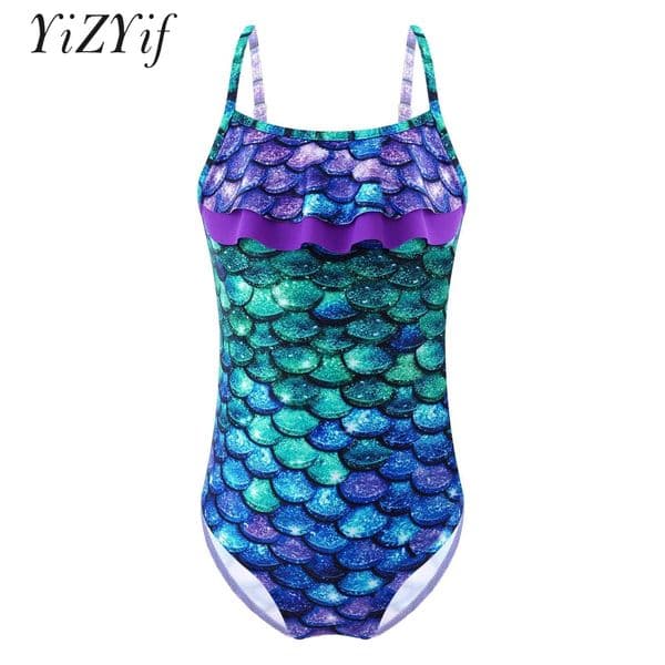 Kids Teens Girls Ruffled Swimwear One-piece Jumpsuit Fish Scales Horse Printed Swimsuits Bodysuit Children Swimming Bathing SuitW260225