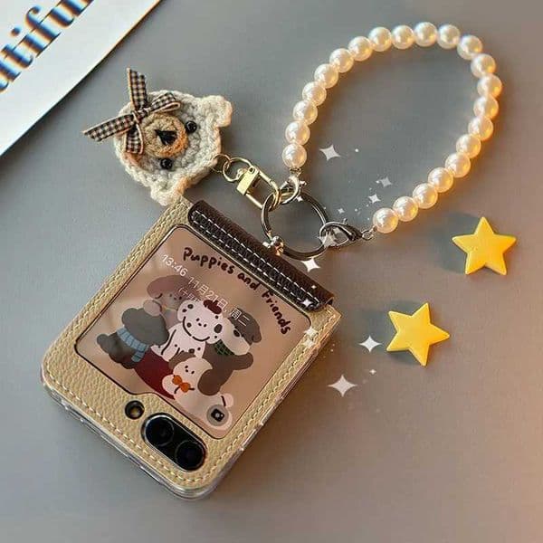 For Galaxy Z Flip 5 6 zflip5 Phone Case Pearl Bracelet Chain Leather Hinge Protective Cover X250224