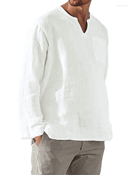 Men's T Shirts 2025 Cotton Linen Shirt Long Sleeve Hippie Casual Beach Vintage V-Neck Loose Pullover Tops Mens Tees Streetwear