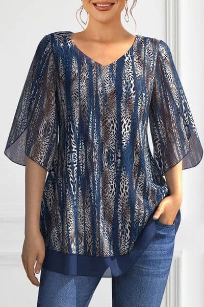 Summer Casual Tops Short Sleeve Women Blouse Plus Size Allover Leopard Print Cold Shoulder VNeck Blouses Loose Womens Clothing 250214BANJIA
