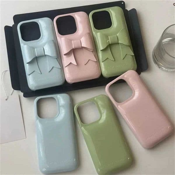 3D Cute Bow Phone Case for iPhone 16 Pro 15 14 13 Pro Max Cover Kawaii Glossy Leather Case for 15 ProMax 14 Pro Funda X250224