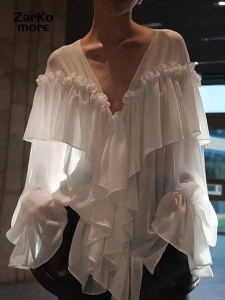 Womens Chiffon Ruffle Shirts White Loose Vneck Lantern Sleeve See Through Blouses Spring Summer Lady Commute Outwears 250222BJ