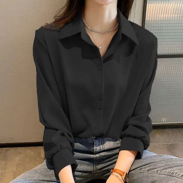 Black Chiffon Shirts For Women Spring Solid Long Sleeve Korean Fashion Ladies Blouse Simple Female Clothing Tops 250222