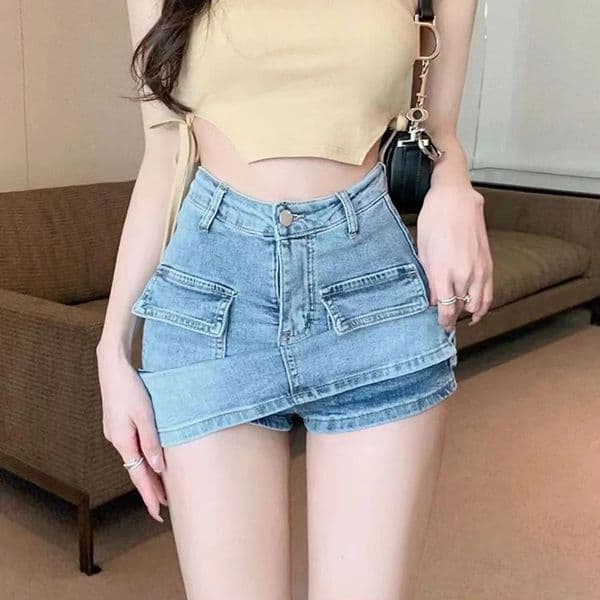 Summer Workwear Denim Short Skirt Slit Skirt European And American s High Waist A- line Pocket Hip Skirt 250224