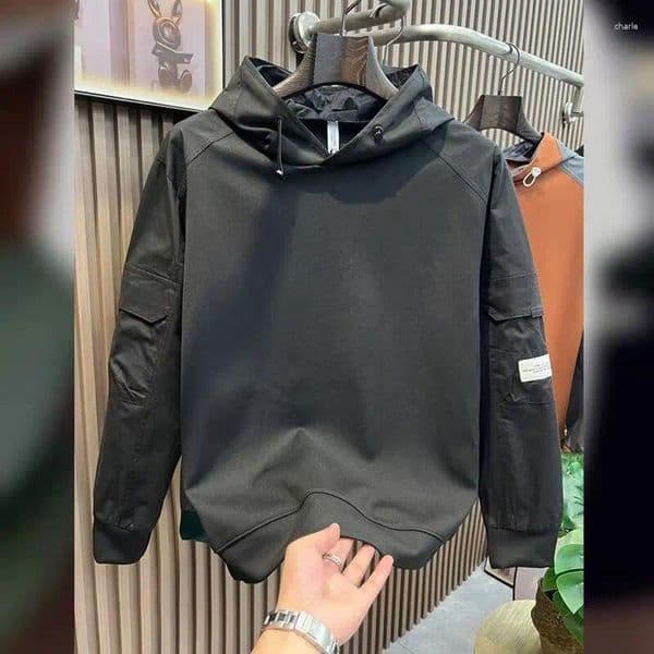 Mens Hoodies In Sweatshirts Mens Patchwork Cotton Cargo Hoodie Man Black Hooded Tracksuit Pullover Sudadera Negra Z260526