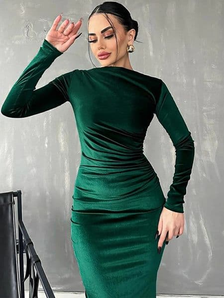Dulzura Spring Summer Velvet Long Sleeve Midi Dress For Women Ruched Elegant Party Clothes Evening Green Outfits 250222