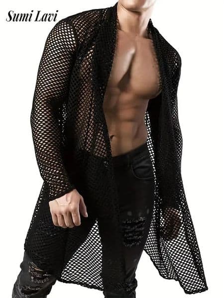 Vacation Seaside Beach Casual Mesh Long Shirt Mens Sexy See Through Hollow Out Cardigans For Men Fashion Transparent Mesh Tops 250222