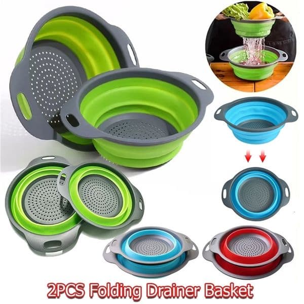 Folding silicone drainage basket 2PCS round fruit and vegetable cleaning basket square folding filter kitchen drainage tool 250210