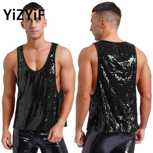 Mens Sequin Loose Vest Top Low Crew Neck Sleeveless Tee T-shirts Nightclub Stage Performance Jazz Disco Daning Tops Clubwear250222BJ