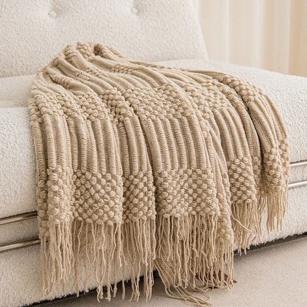 Khaki Gift Knitted Blanket with Tassels Chunky Vintage Farmhouse Throw Bedspread Oversized Blanket Cover Manta Para Sofa 250218