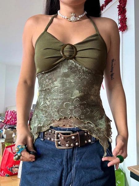 Sweetown Retro Forest Green Vintage Print Boho Y2K Camisole Backless Halter Tie Asymmetrical Tops Women Summer Vacation Clothing 250224