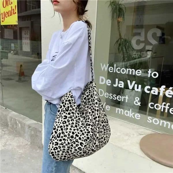 Large capacity shoulder bag shopping canvas fashionable Harajuku zipper leopard print Ulzzang handbag Z250225