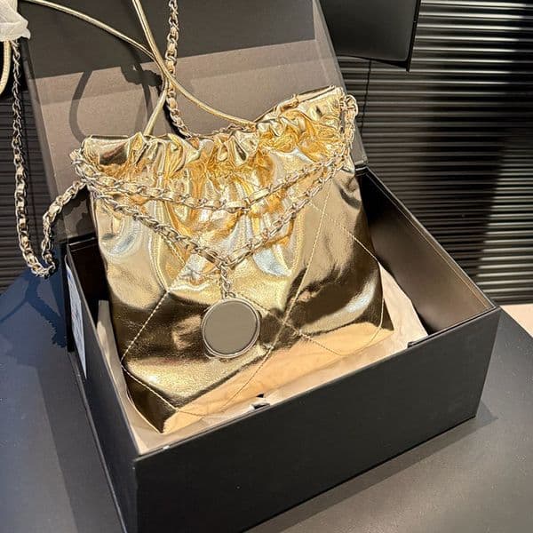 Shiny Silver Leather Women Mini 22 Garbage Shopping Coin Charm Metal Letters Hardware String Cross Tote Diamond Lattice Stylish Shoulder Wallet 20cm