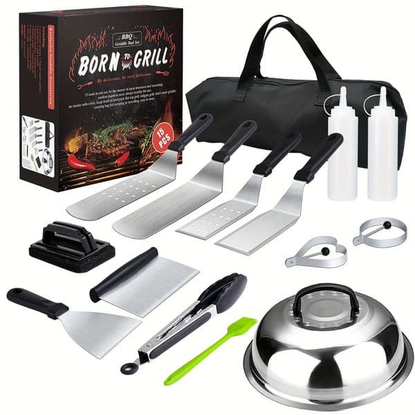 15-Piece Flat Top Grill Tool Set for Blackstone and Camping Stainless Steel Accessory Set for Outdoor Grilling 250222BJ