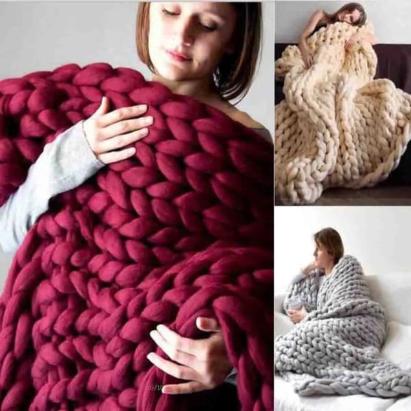 WOSTAR Chunky merino wool blanket thick large yarn roving knitted blanket winter warm plaid throw blankets sofa bed blanket 250218