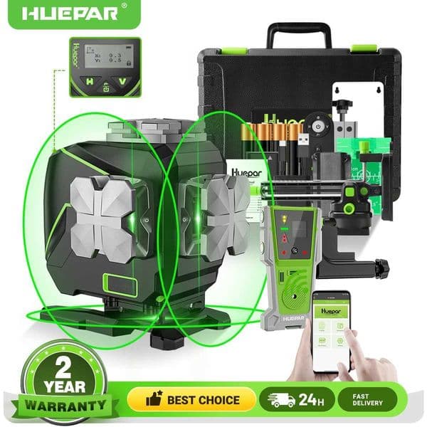 Huepar 3D 12 line laser horizontal green beam self leveling 360 cross line with LCD display screen remote laser receiver for tile flooring X250225